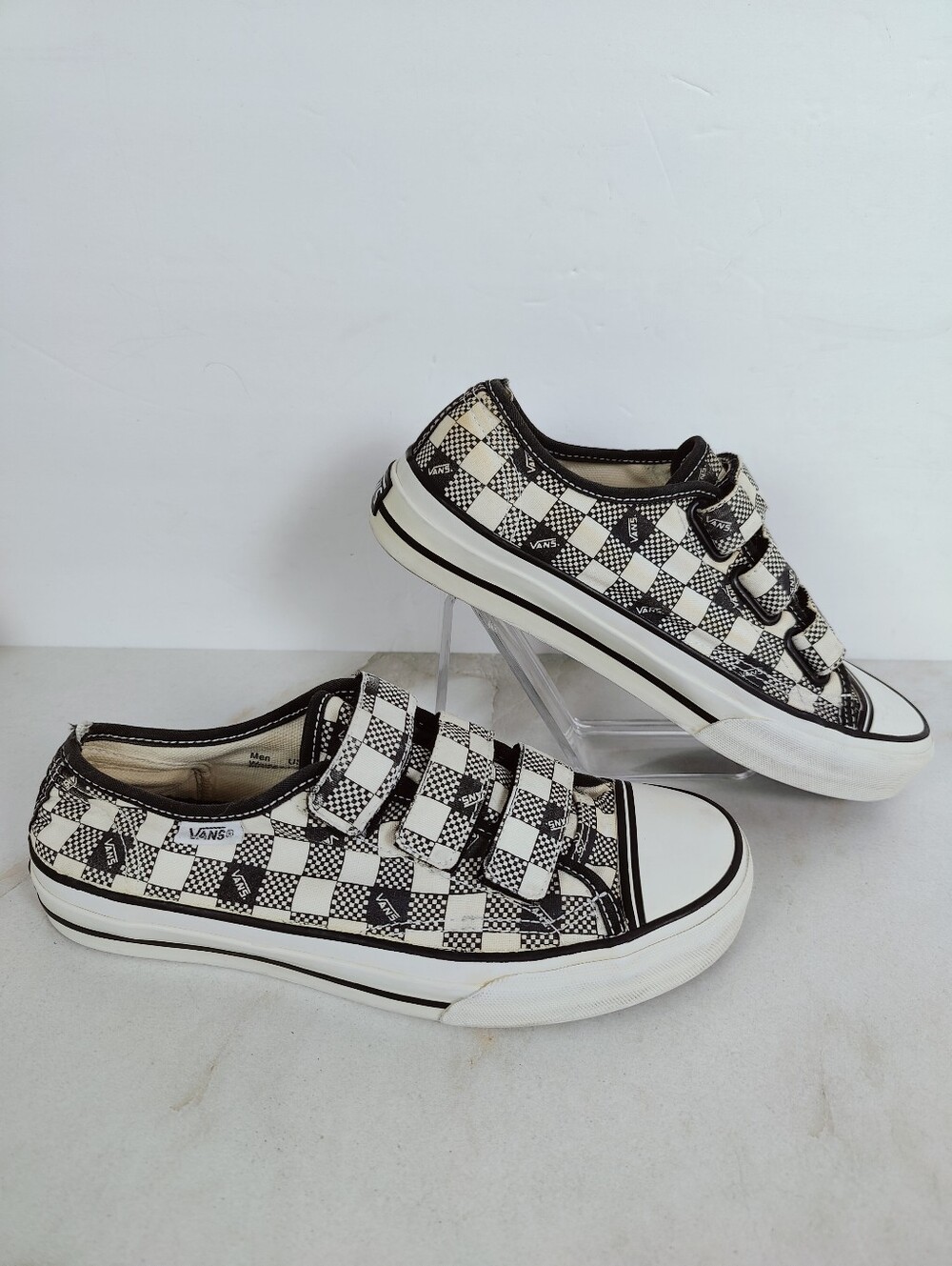 Vans Checkerboard Velcro Skate Sneakers, Black White, 5(M) 6.5(W)